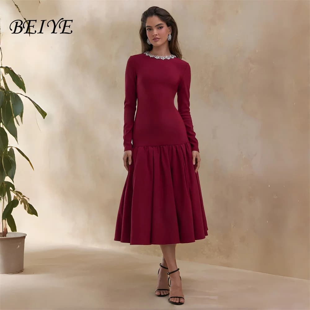 BEIYE Elegant Long Sleeves O-Neck A-Line Rhinestones Evening Dresses 2026 Tea-Length Prom Dresses Formal Party Gown Customized