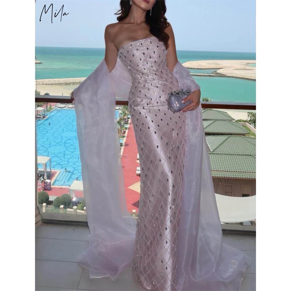 Mila Customized Pink Strapless Crystal Mermaid Prom Dress Shawl Checkered Sequins Formal Evening Floor-Length Vestidos De Fiesta