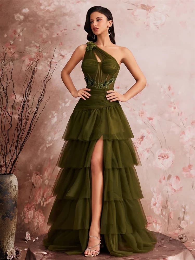 Luxury Skew-shouldered Fishbone Applique Cake Dress Elegant Tulle Slit Formal Evening Dresses Elegant Backless Party Prom