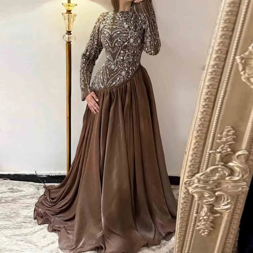 Customized Luxury Brown Muslim Evening Dress Dubai Long Sleeve Beaded Chiffon Formal Gown for Wedding Party