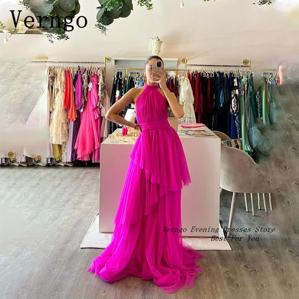 Verngo Pink Tulle Evening Dress Halter A Line Prom Gown Simple Formal Occasion Dress Strap Party Dress