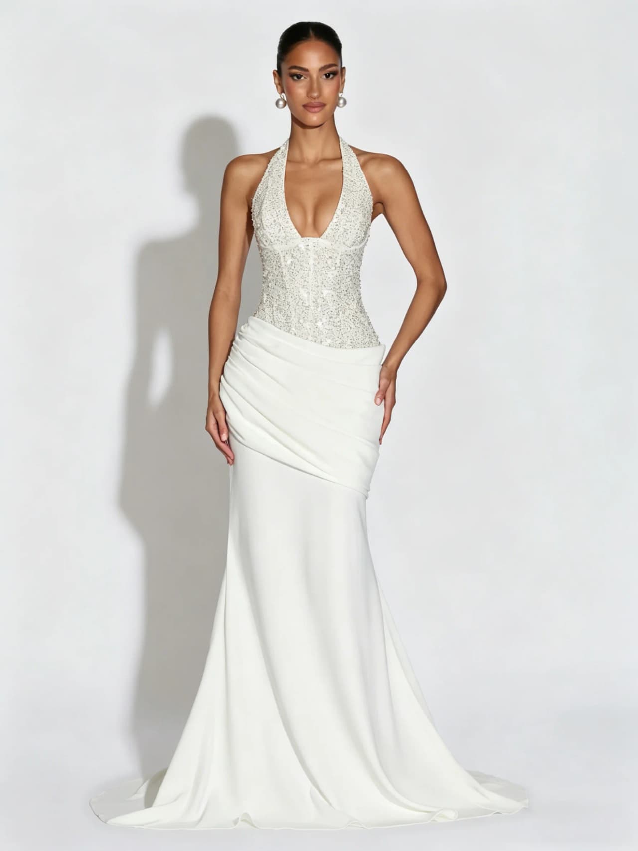 Halter Sequin Slim Bodycon Maxi Long Dress  Dark V-Neck Elegant Draped White Long Mermaid Prom Dresses