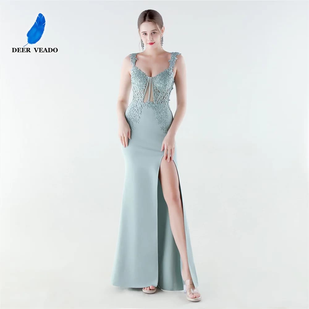 DEERVEADO 10 Colors Women's Sexy Slit Evening Dress with Appliques Soft Satin Wedding Party Dresses Prom Gowns robe de soiree