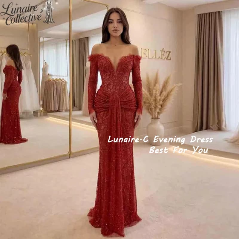 Lunaire.C Customized Red Lace Mermaid Evening Formal Dresses Ruched Skirt Long Sleeve Sweetheart Corset Top Saudi Prom Gala Gown