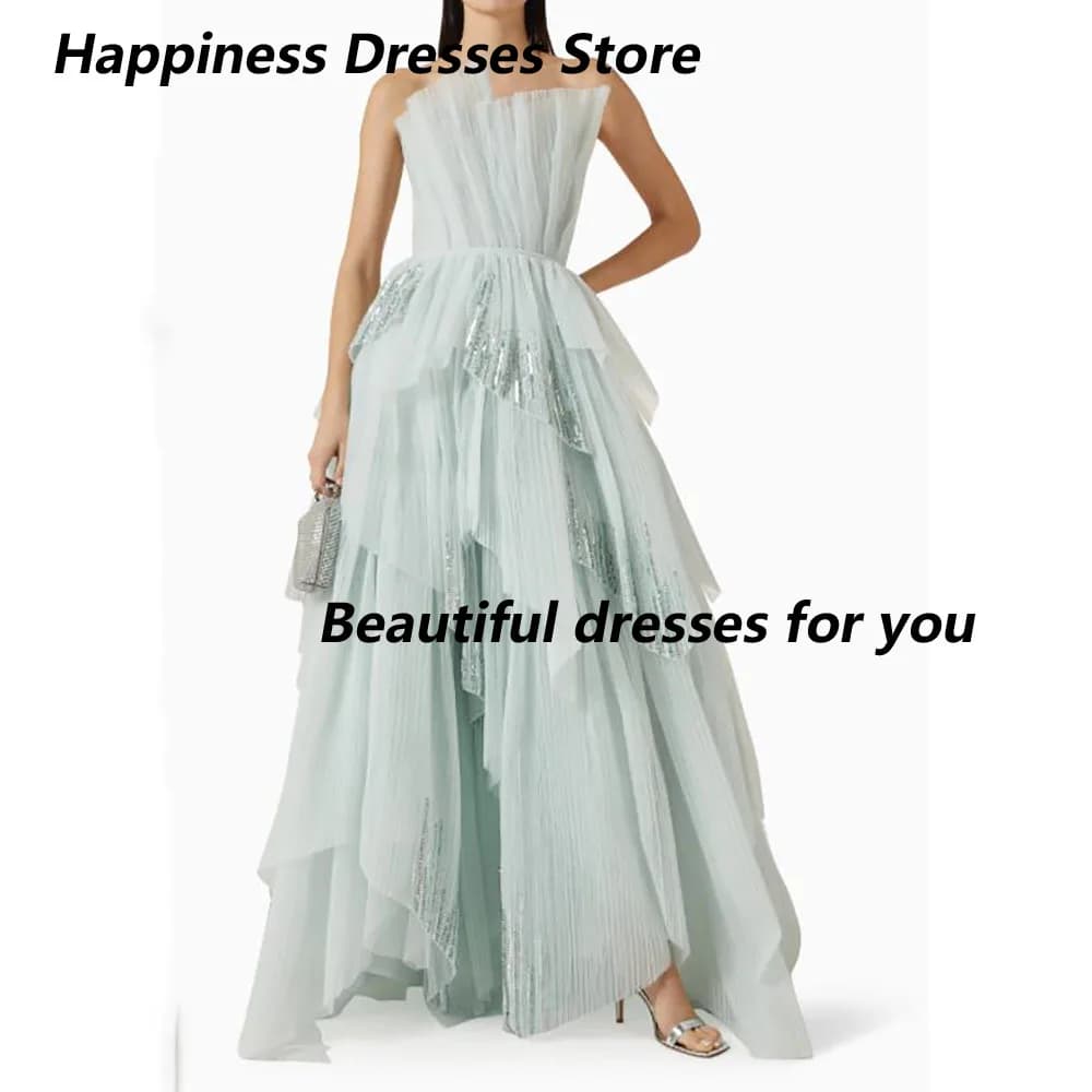 Customized Tulle Sequined  Scalloped Evening Dresses Sleeveless Floor Length A-line Pattern Classic Open Back Pleated Prom Gown