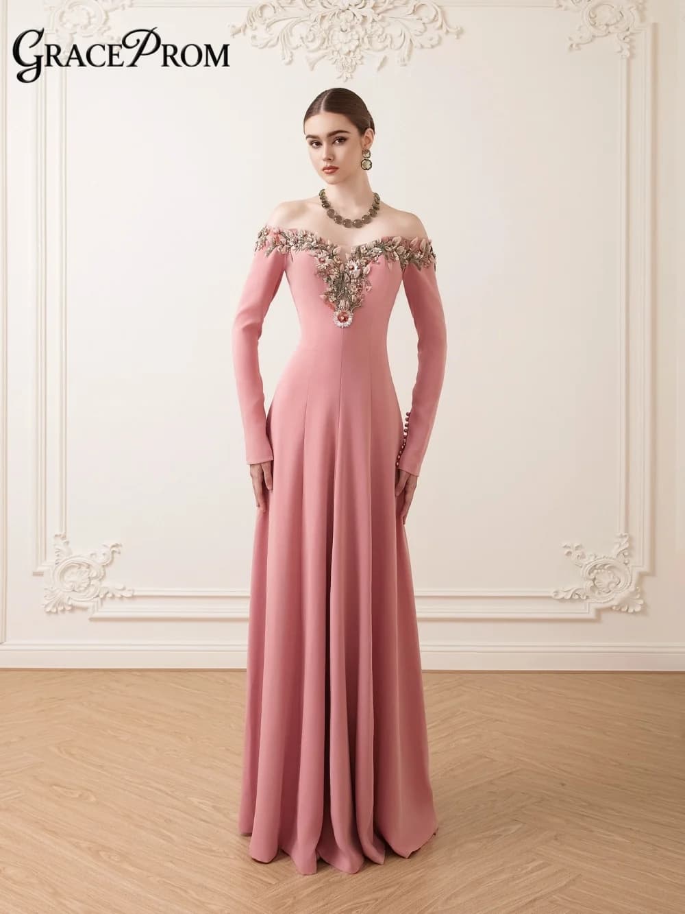 Formal Off Shoulder Long Sleeve Evening Gown Floral Neckline Dusty Pink A Line Floor Party Dress For Wedding Guests فساتين سهرة