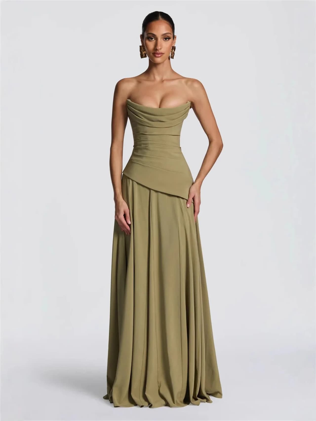 Strapless Sage Green Chiffon Dress Cowl Asymmetric Waist Detachable Neck Sash A-Line Prom Gown For Bridesmaid Wedding Party