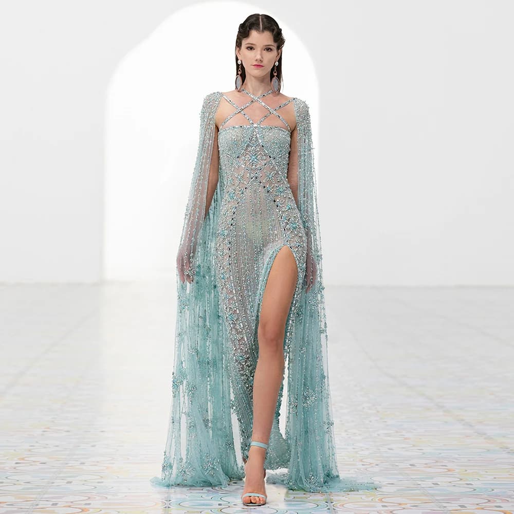 Sharon Said Luxury Dubai Mermaid Evening Dress with Cape Sleeve Criss Cross Women's Formal Wedding Party Gowns SS391 Customized