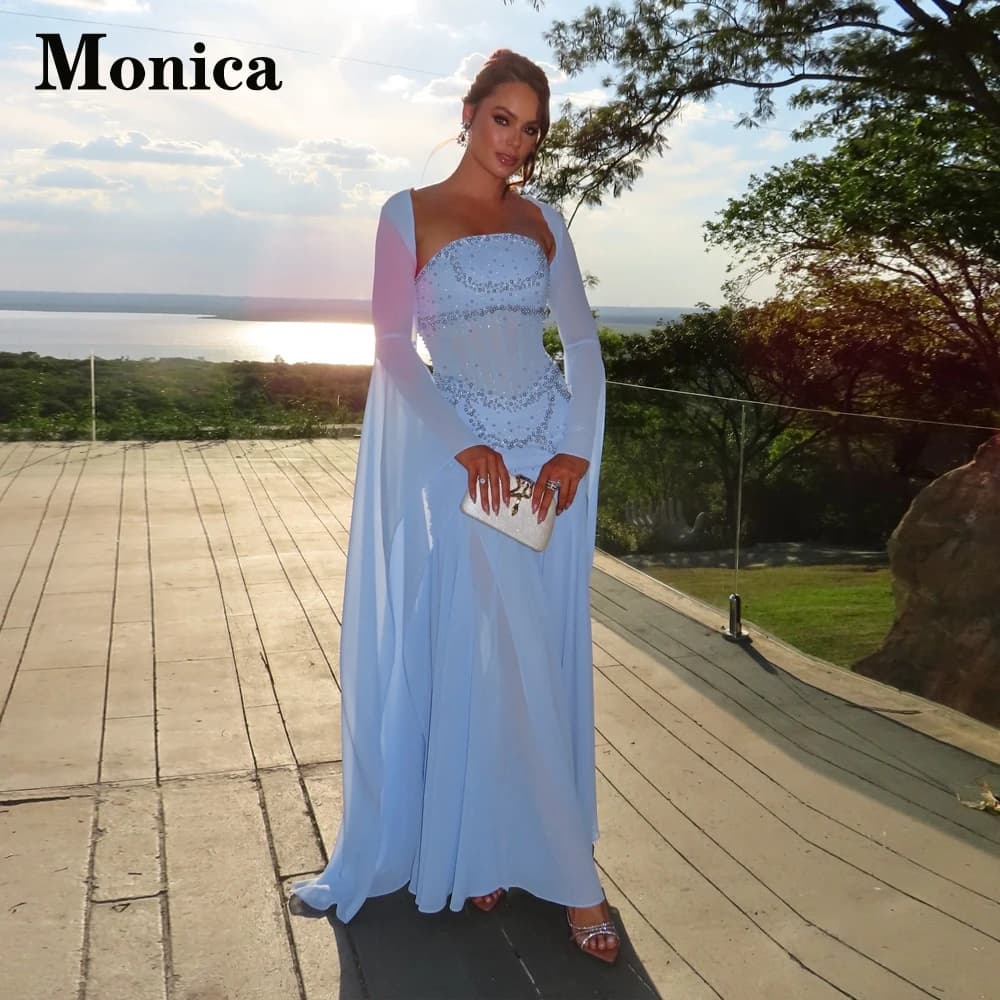 MONICA Stylish Beads Prom Dresses for Women Chiffon Rhinestones Strapless Wedding Party Gown Vestidos De Gala Customized Plus