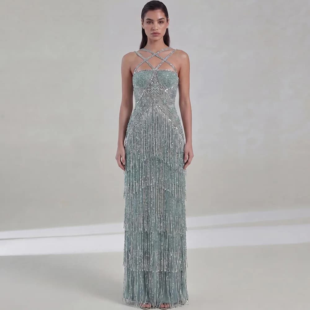 Elegant Strapless Sleeveless Evening Dress Customized Delicate Tiered Tassel Vestido De Noche Sparkly Beading Party Dresses