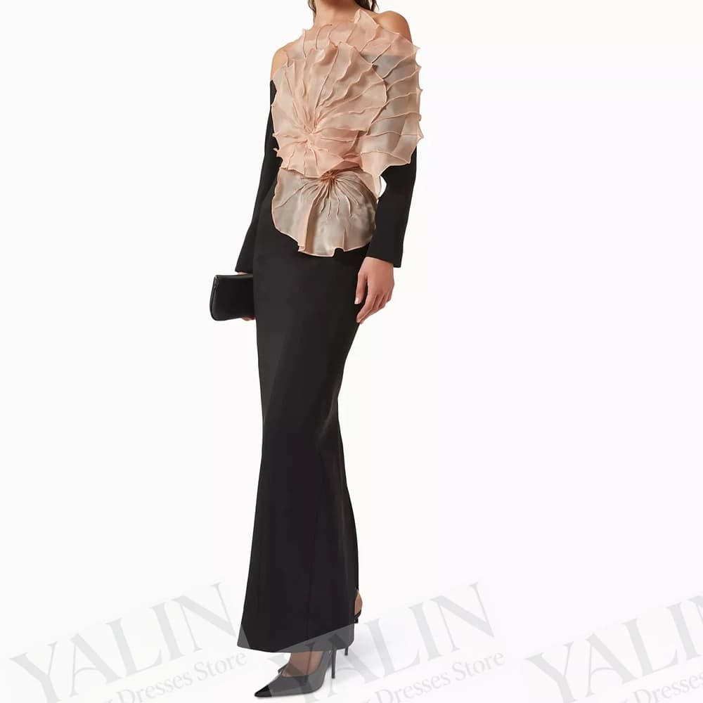 Women's Straight Evening Dresses Ankle-length Off The Shoulder Full Sleeve Prom Gown Fashion Flowers Backless Customized Gowns