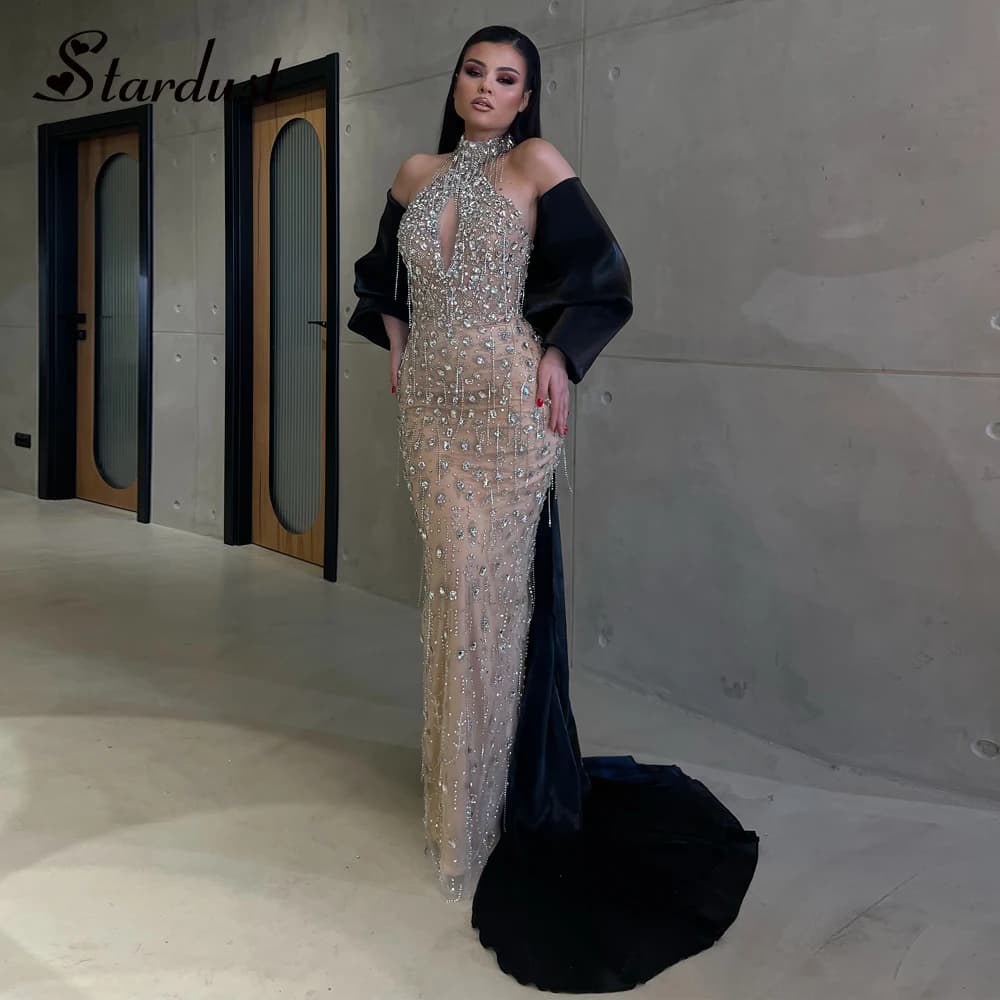 Stardust Exquisite Tassel Evening Dresses for Women Rhinestones Cut-out Mermaid Halter Satin Vestidos De Fiesta Customized