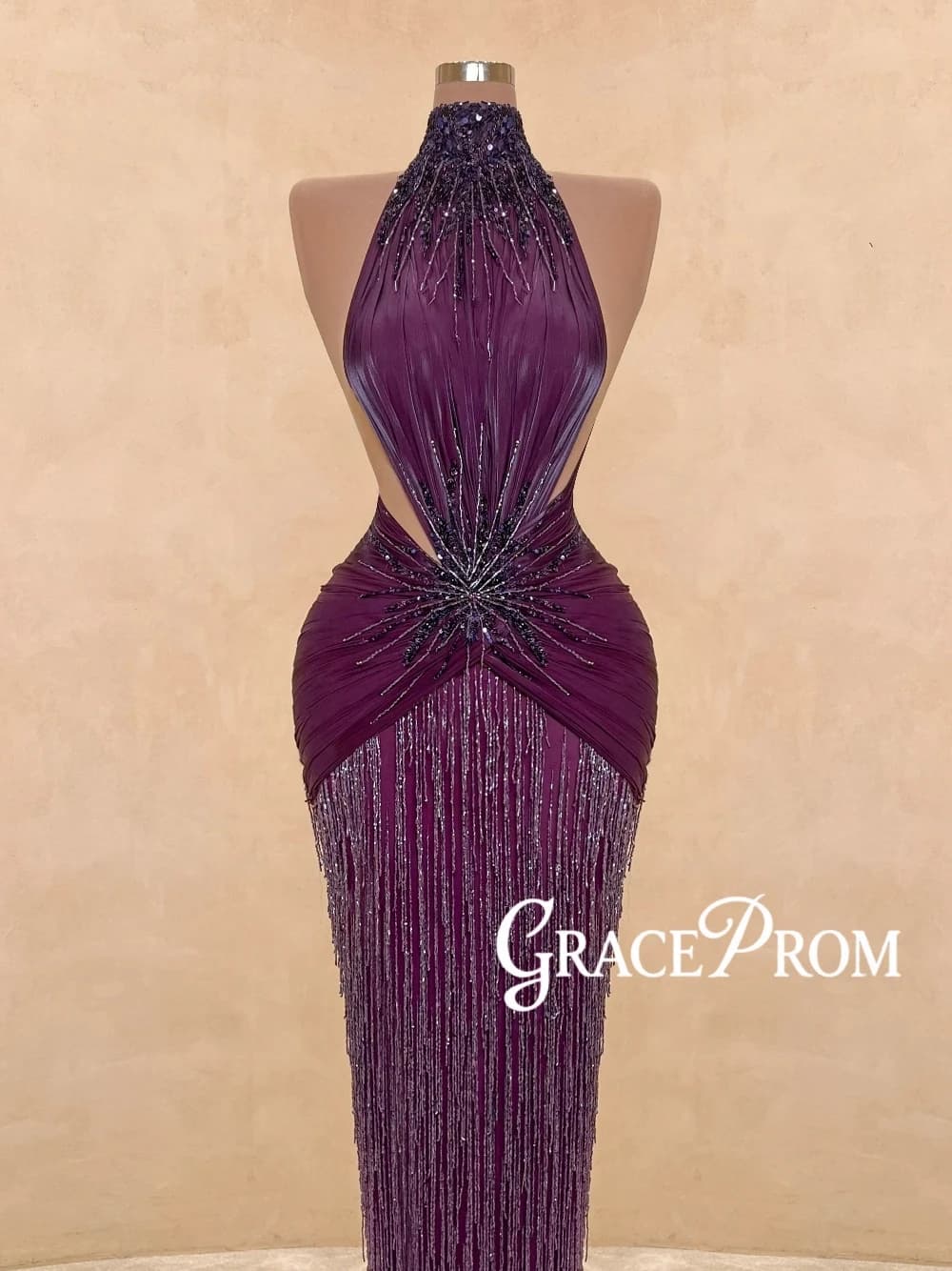 Purlple Halter Tassel Sparkling Evening Dress Intricate Sexy Bodycon Fit Prom Gown Customized Birthday Party Galas Women Wear