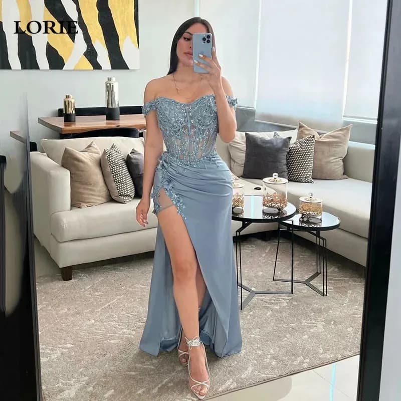 LORIE Nordic Blue Mermaid Evening Dresses Lace Appliques Prom Gowns Elegant Pleats Evening Party Dress 2024 Customized