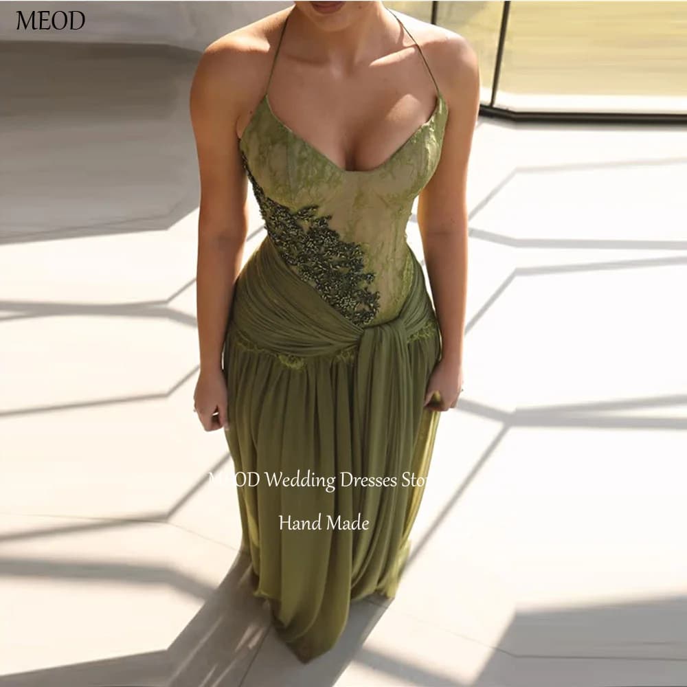 MEOD Fashion Chiffon Evening Dresses Sleeveless Appliques A Line Halter Prom Gowns Floor Length Backless Vestidos Customized
