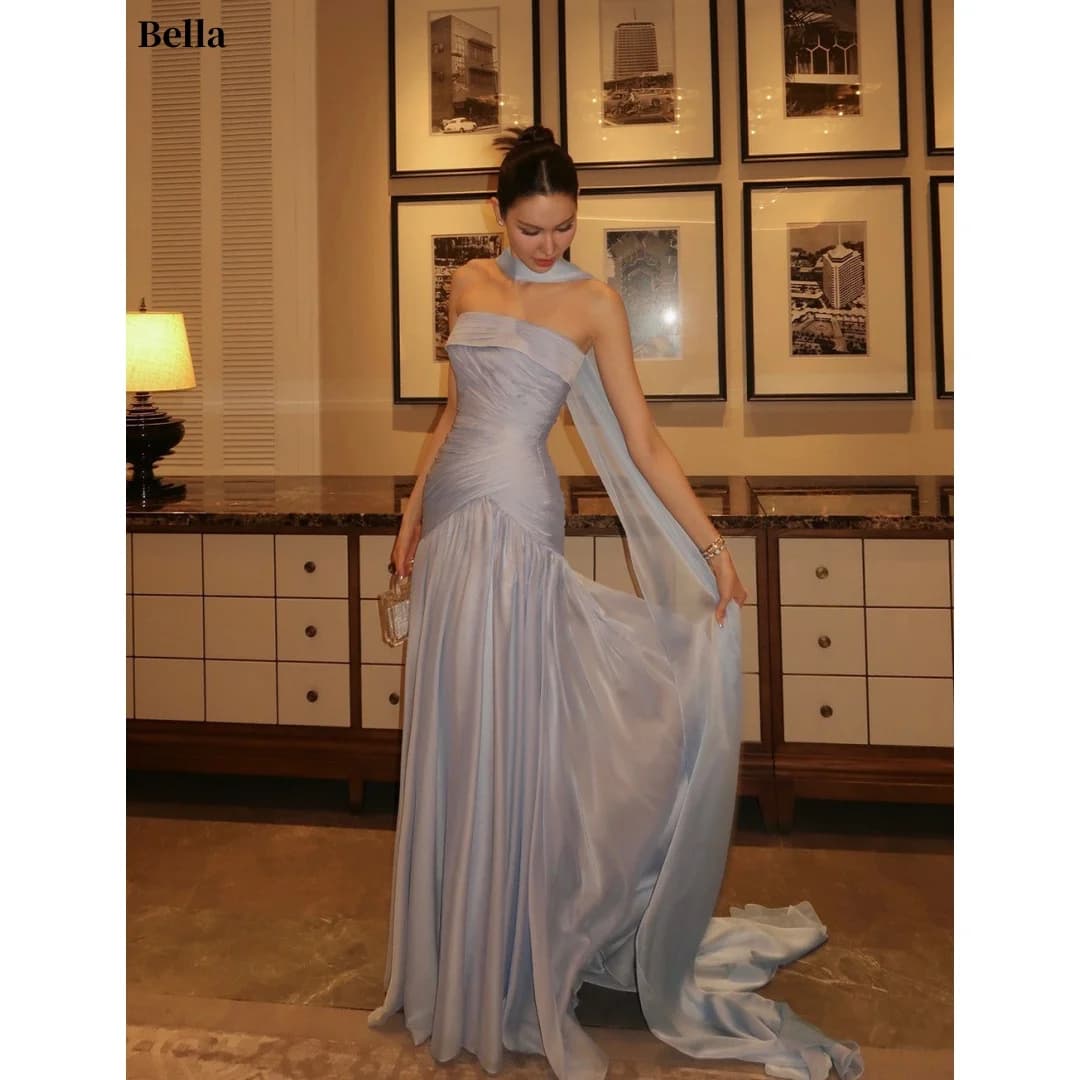 Bella Customized Light Blue Chiffon Elegant Prom Dresses Strapless vestidos de noche Ruched Halter Cape Scarf Formal Evening