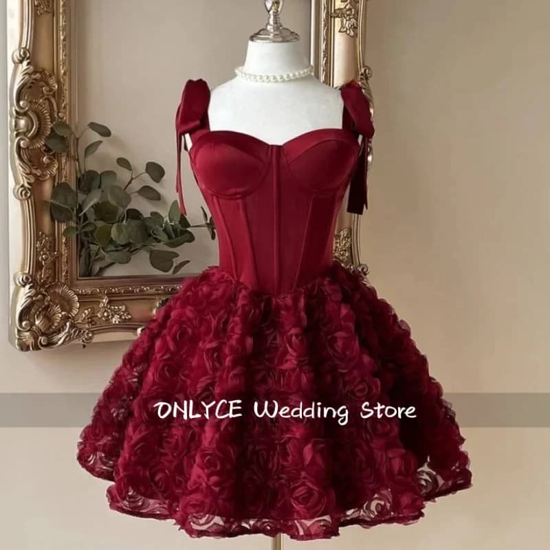Customized Burgundy Exquisite Jersey Flower Bow A-line Square Neck Short Dresses Evening Dresses for Woman High Quality Formal