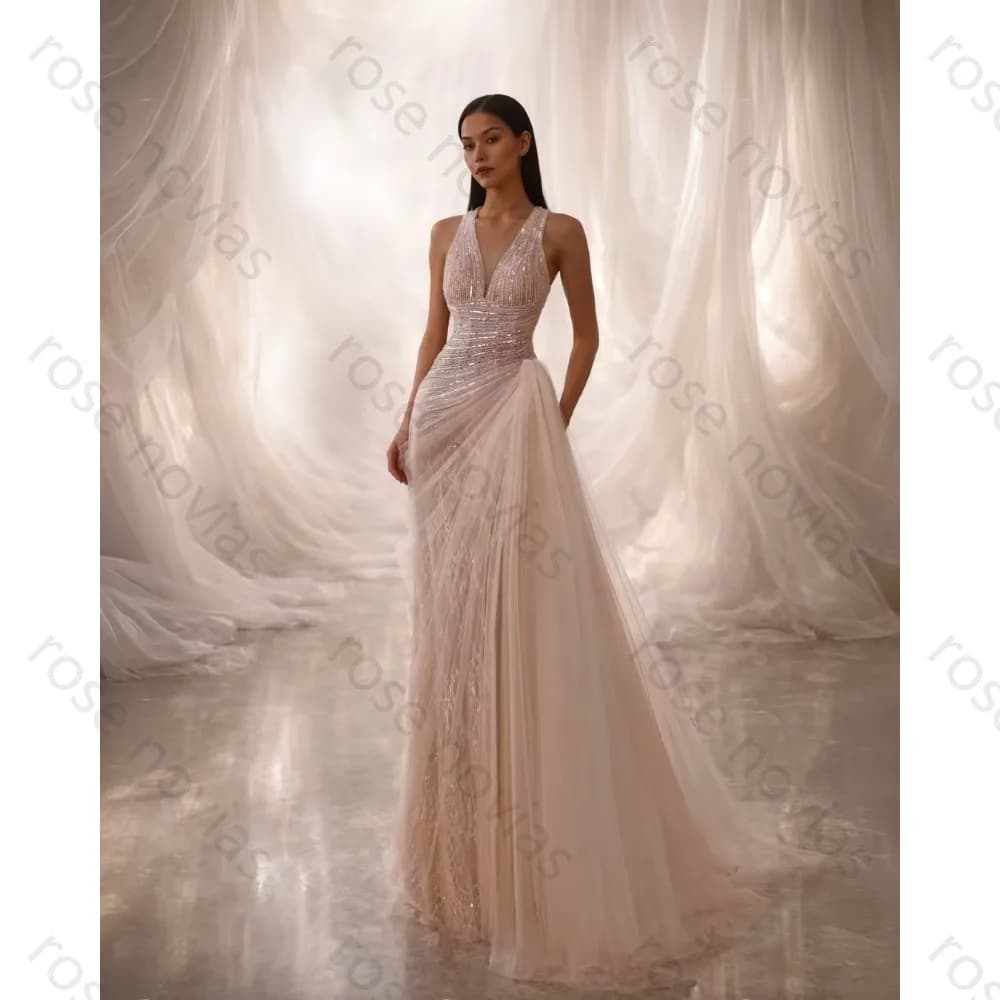 Customized White Tulle Evening Dresses A-line V-Neck Slit Pleat for the Floor High Quality for Bespoke Occasion Party Dress