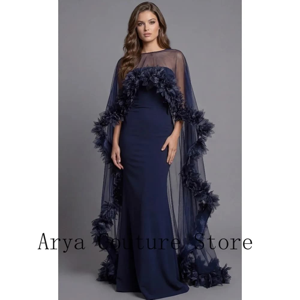 Navy Blue Mermaid Gown with Sheer Tulle Cape – 3D Floral Trim Formal Maxi Dress for Gala, Wedding & Mother of the Bride Events