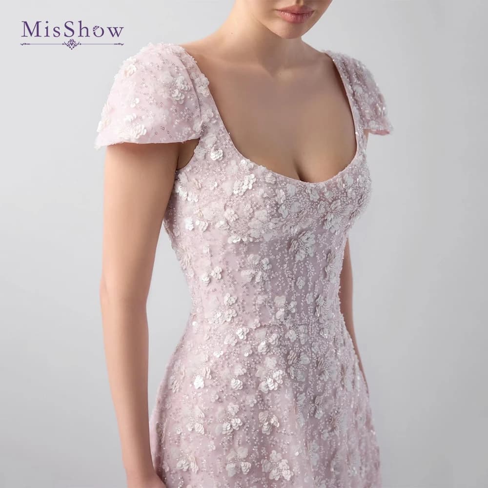 MisShow Customized Evening Dress | Floral Sequin Embroidered Gown w/ Square Neck & Low Back Luxury Pink Formal Wear for Wedding