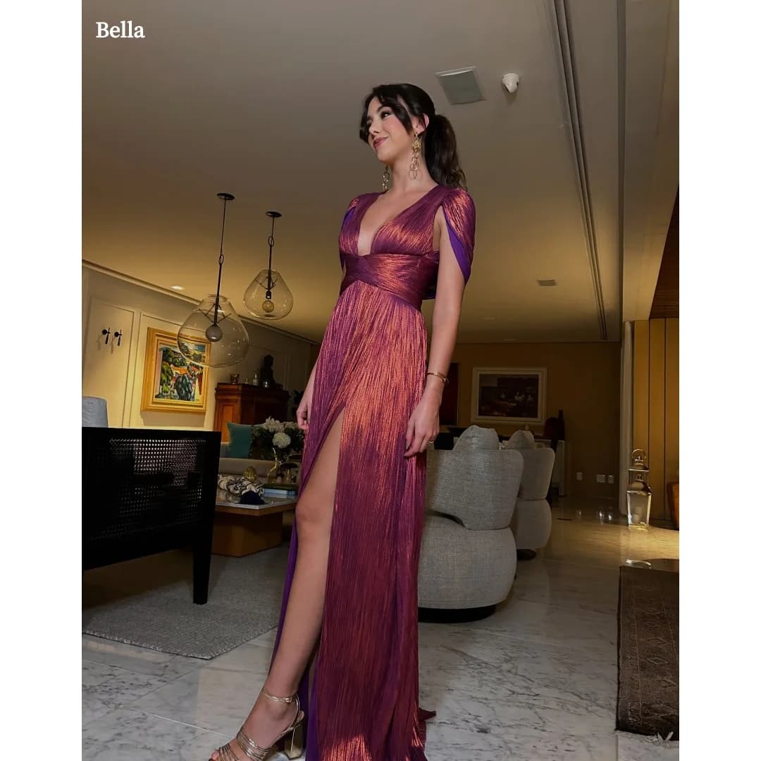 Bella Customized Burgundy Shiny Prom Dress with Deep V Neck, Cap Sleeves, Ruched Waist and High Slit Maxi Skirt robes de soirée