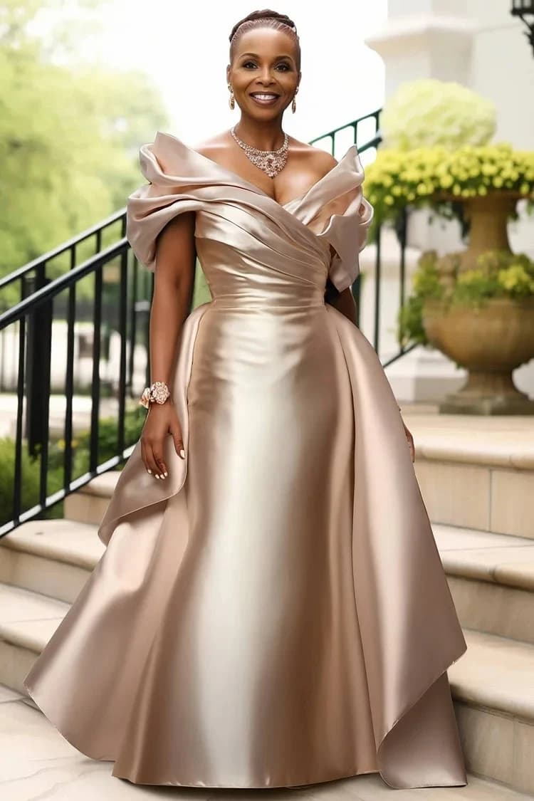 Customized Champagne Evening Dresses Plus Size Satin Off Shoulder Short Sleeve Pleats Ruched A Line Long Formal Party Prom Gowns