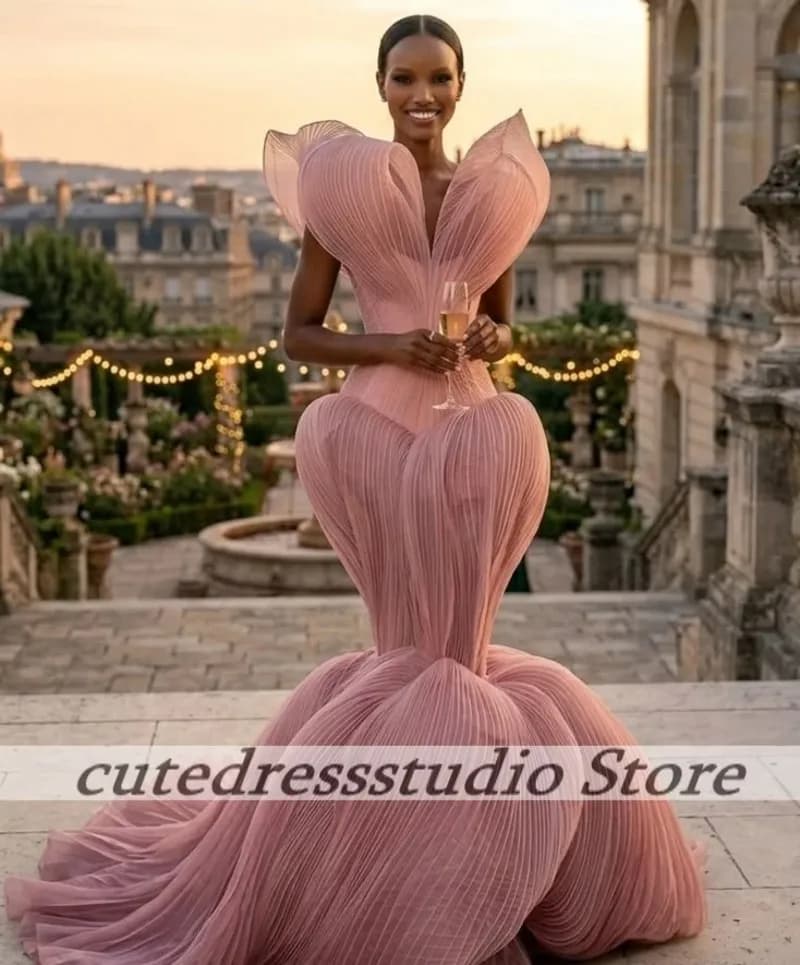 Blush Pink Evening Dress Women Mermaid Graceful Pleated Ruffles Formal Party Prom Dresses Vestidos De Fiesta Customized