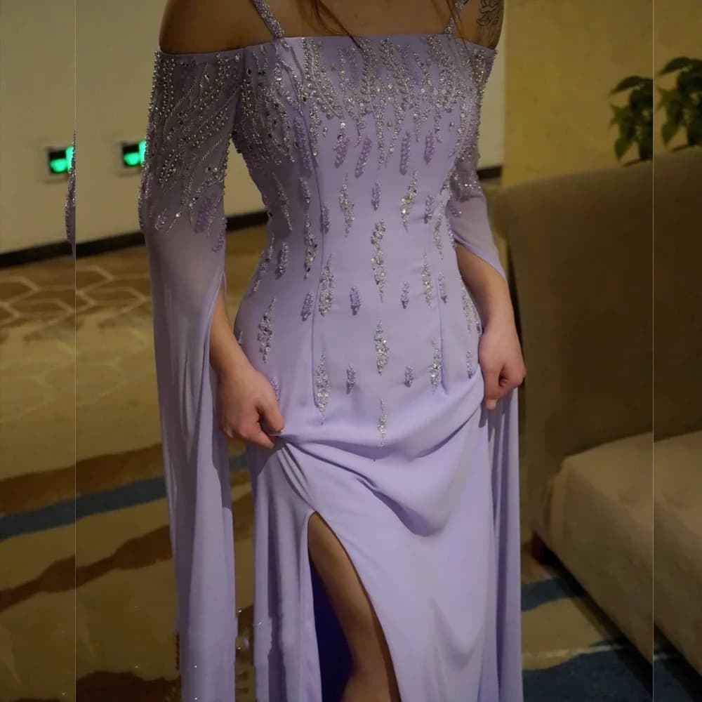 Customized Exquisite Chiffon Sequined Beading Ruched A-line Square Neck Long Dresses Evening Dresses High Quality Sexy Sparkle M