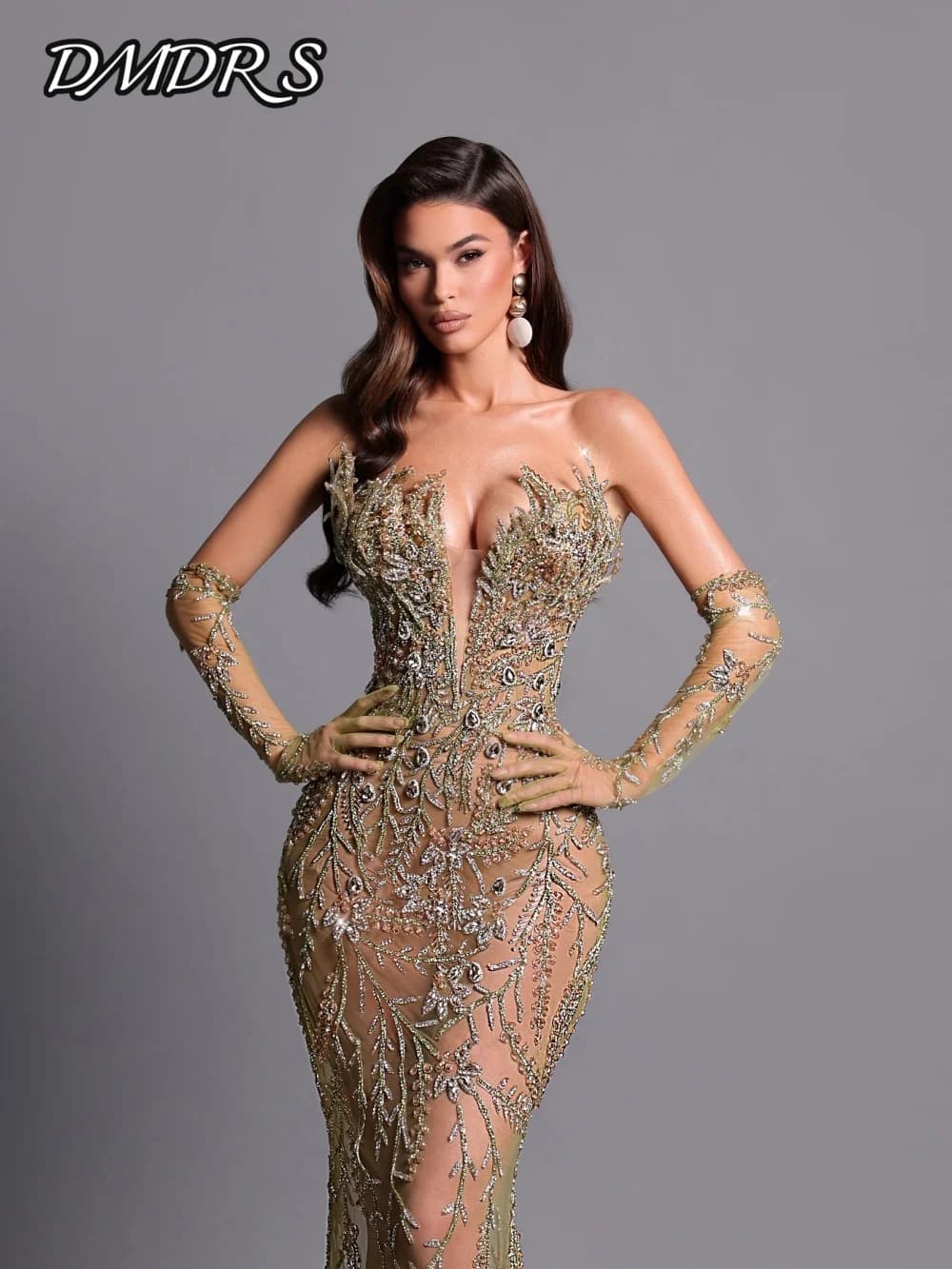 DMDRS Deep V-neck Evening Dress Elegant Crystal Beaded Party Gown Sexy Sleeveless No Gloves Floor-Length Party Dress فساتين سهرة
