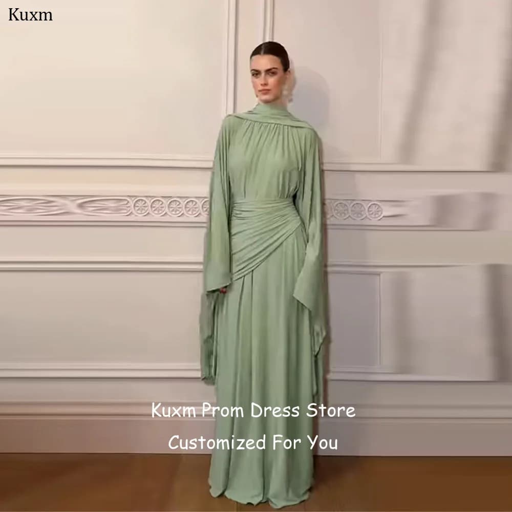 Kuxm Chiffon Modest Evening Dresses High Neck Long Sleeves Elegant Prom Gowns Floor Length A Line Formal Party Attire Customized