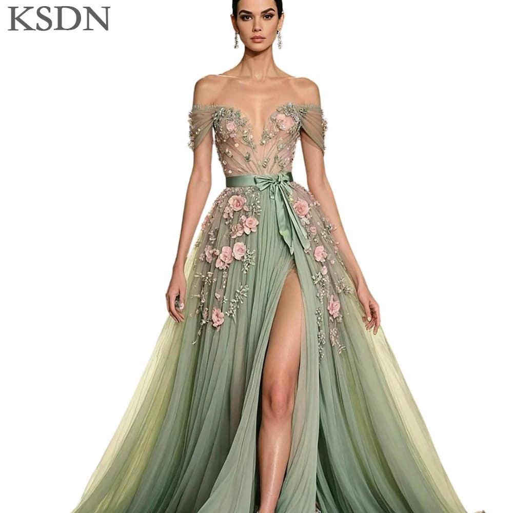 KSDN Exquisite Appliques Evening Dresses Fashion Off the Shoulder Chapel Train Tulle Dress Formal Occasion Elegant Women Gowns