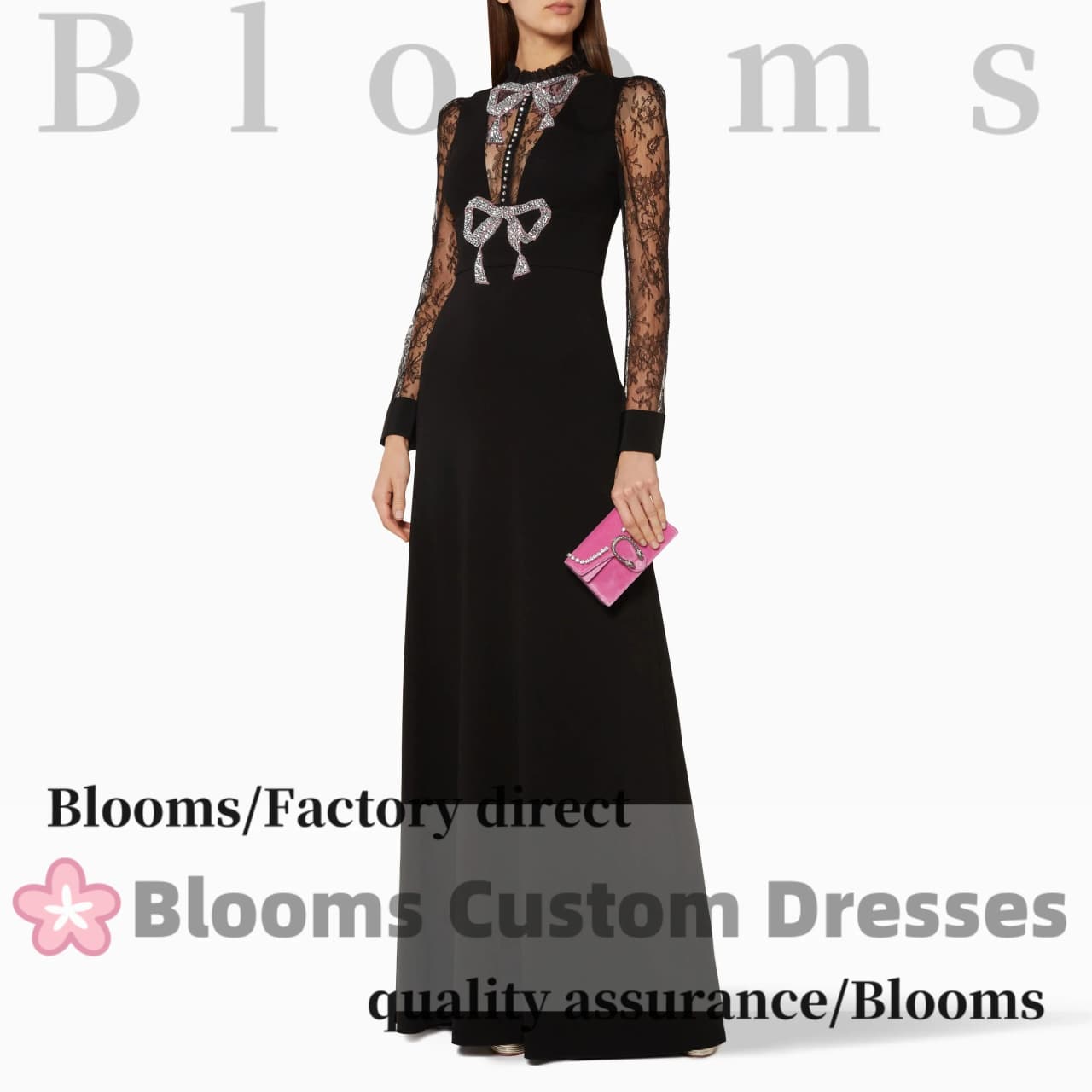 Customized Elegant Lace Black Sexy Elegant Evening Dresses Beaded Bow Formal Long Sleeves Party Gown Prom Dress