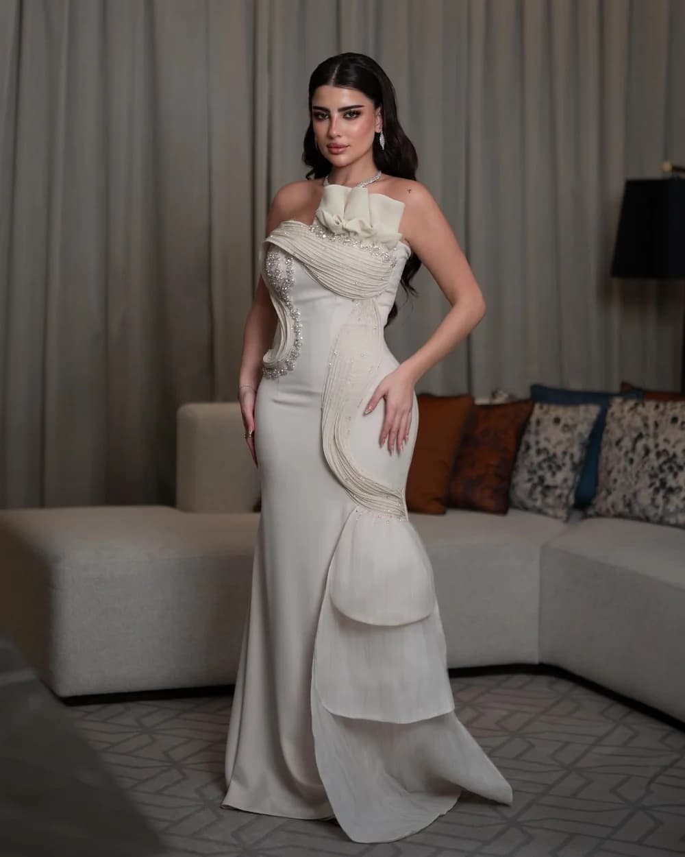 Customized Simple Jersey Pleat Sequined Mermaid Strapless Long Dresses Bespoke Occasion Formal Chinese Style