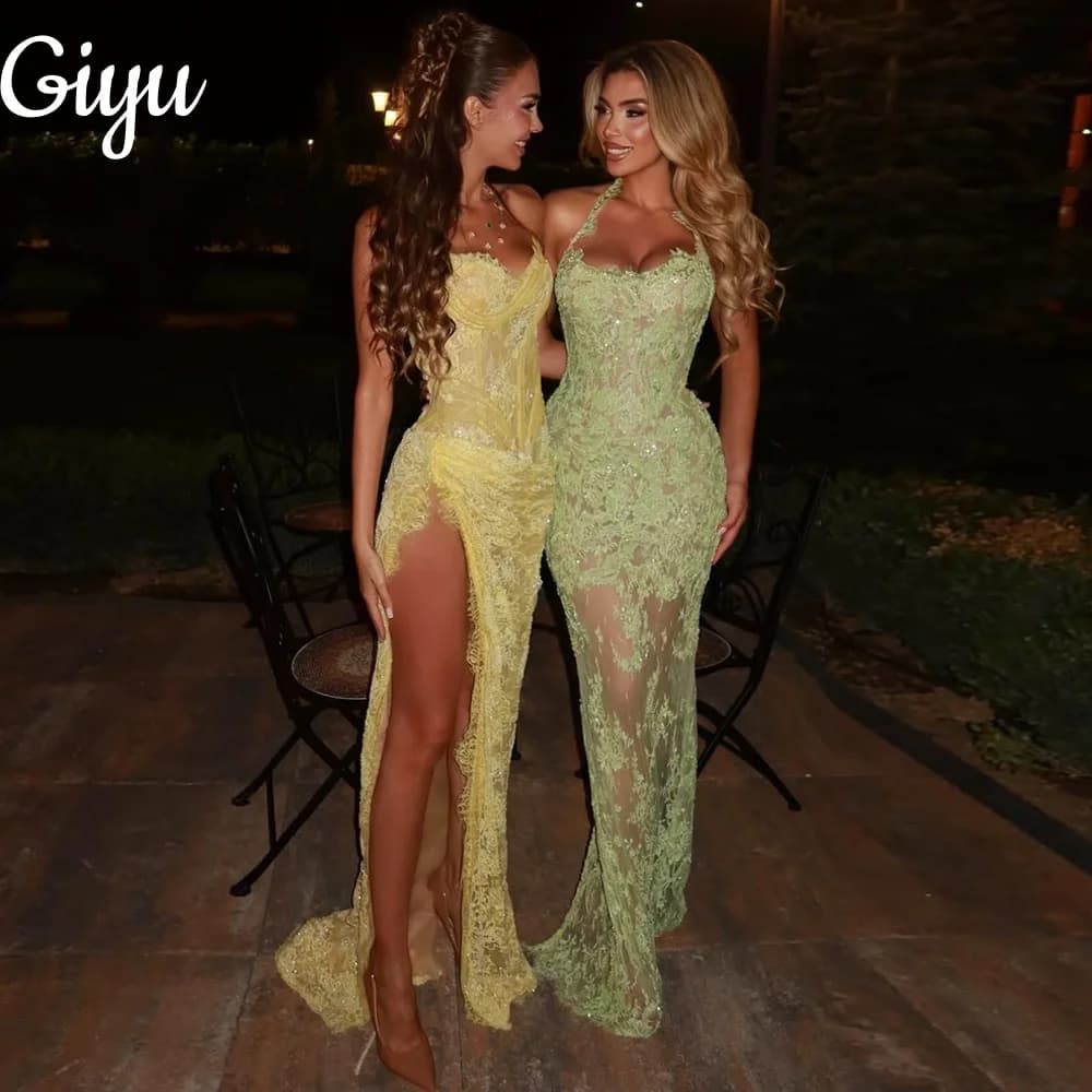 Giyu Sexy Evening Dresses Arabic Dubai Halter Sequin Lace Side High Slit Floor Length Wedding Party Dress Prom Gowns Customsied