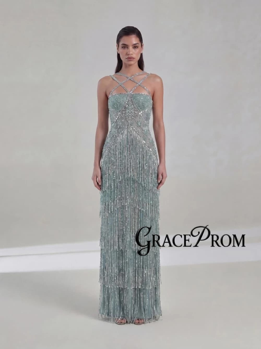 Luxury Sage Green Prom Dress 2026 Beaded Sequin Fringe Crisscross Halter Backless Stunning Floor Length Evening Gown Customized