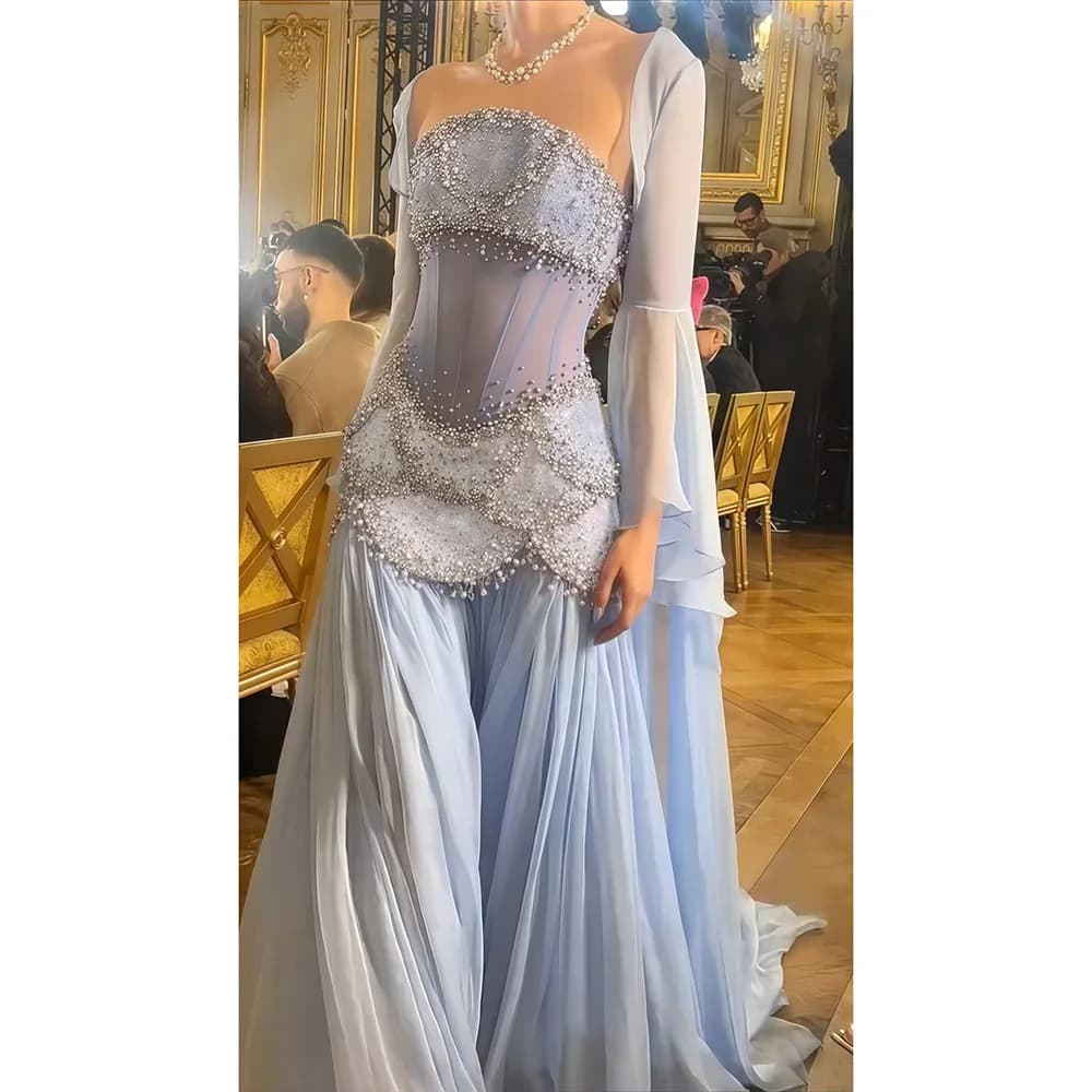 Luxury Evening Dress Strapless Corset Beading A Line Evening Gowns Off Shoulder Long Sleeves Formal Party Dresses Customized