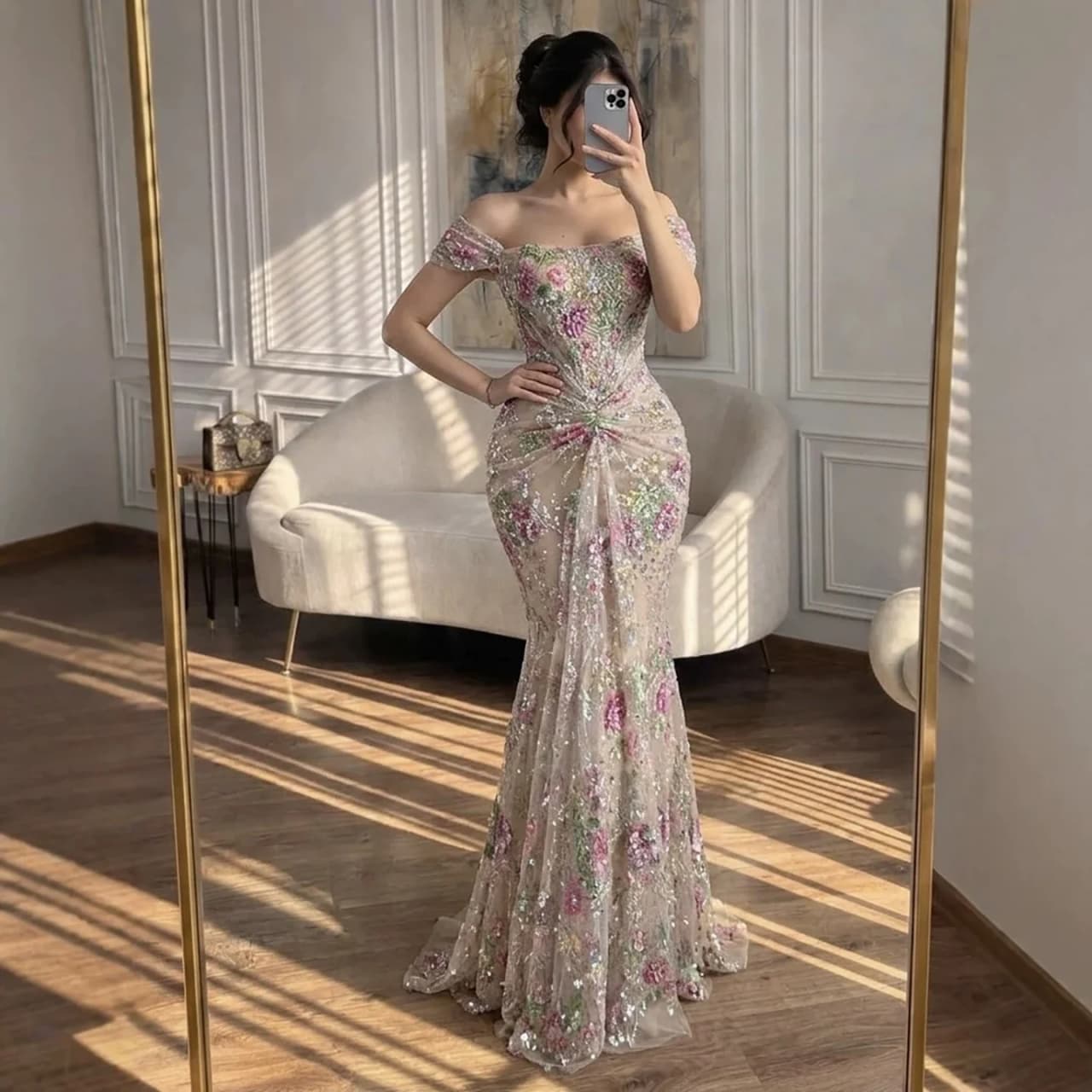 Serene Hill 2026 Luxury Nude Pink Floral Beaded Mermaid Evening Dress Gowns For Wedding Party LA72905C Customized