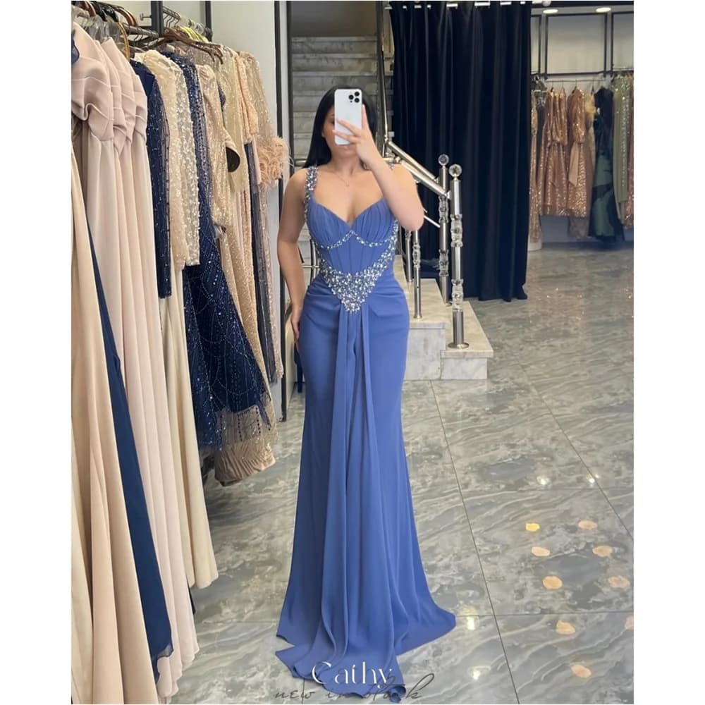 Cathy Customized Blue Diamond Collar Mermaid Prom Dress Pleated Rhinestones vestidos de noiva Floor-Length Formal Evening 2026