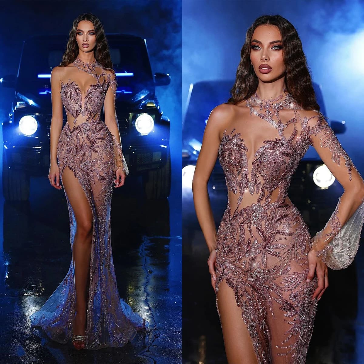 Elegant Prom Dresses Long Sleeves Sexy High Side Split Appliques Lace Party Evening Gowns Custom Made Runway Fashion Prom Wear