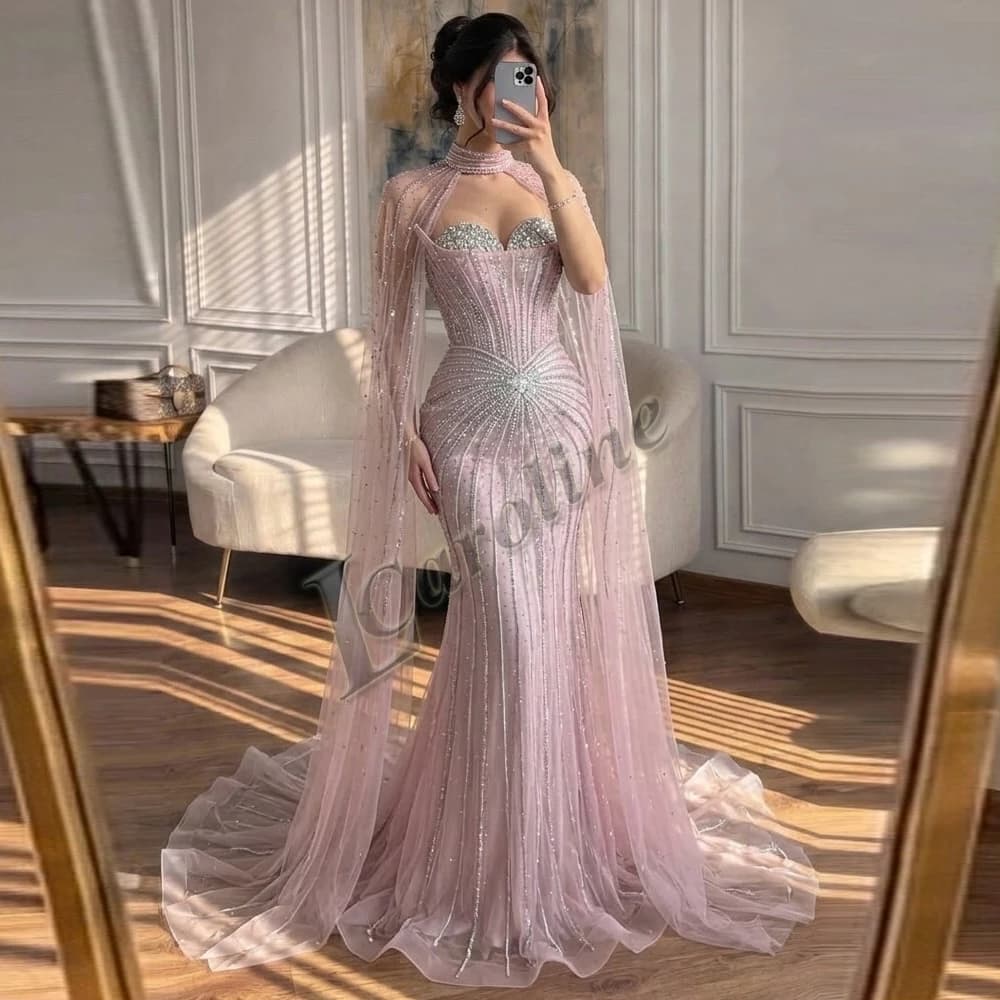 Caroline Sparkly Sweetheart Evening Dresses for Women Lace Appliques Mermaid Cape Saudi Arabric Vestidos De Fiesta Customized