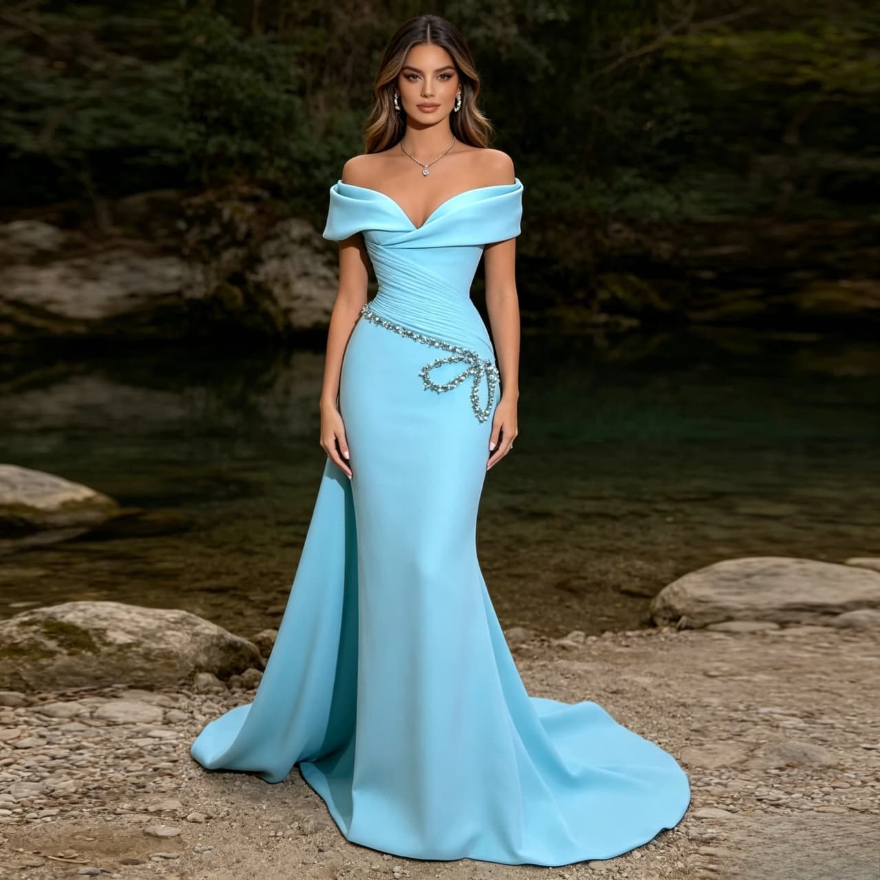 Blue Formal Evening Dress with Off-the-Shoulder Neckline, Structured Bodice, Crystal Bow Detail and Draped Train for Prom