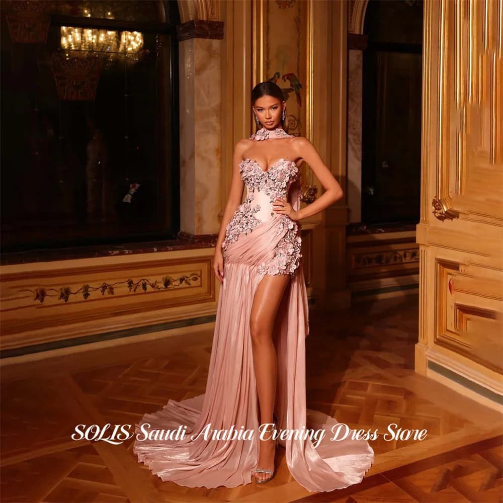 SOLIS Blush Pink 프롬 드레 Sweetheart Prom Gown High Split Floor Length Party Dress for Formal Event 3D Floral Sweet Customized