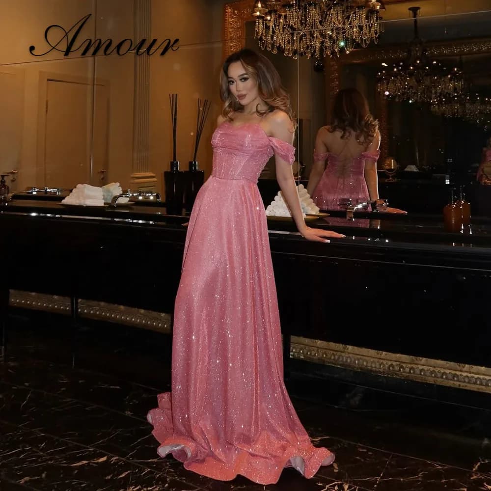 Amour Evening Dresses Pink Off Shoulder Corset Long Gown Lace Up Back Prom Wedding Guest Gala Birthday Formal Dress Customized