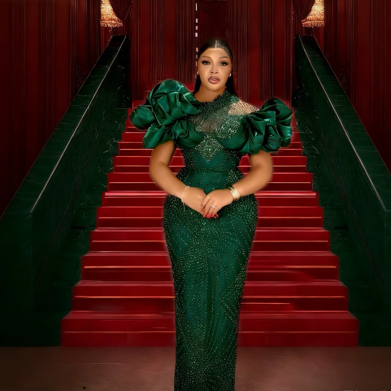 Green Plus Size Mermaid Evening Dress Puff Sleeve Rhinestone Bustier Prom Gown Elegant Floor-Length Party Dress with TrainCustom