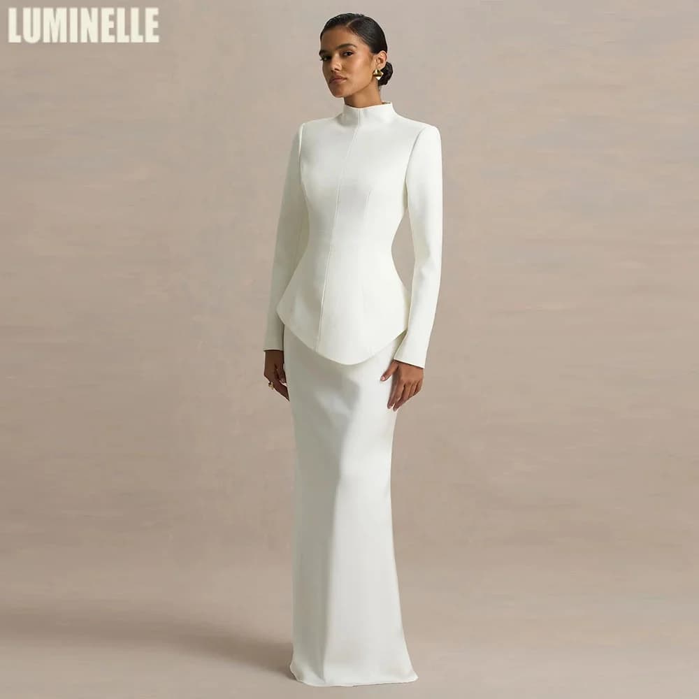 Cream High-Neck Tailored Maxi Dress with Drop-Waist And Satin Long Sleeve Mermaid فساتين سهرة Formal Gowns Customized