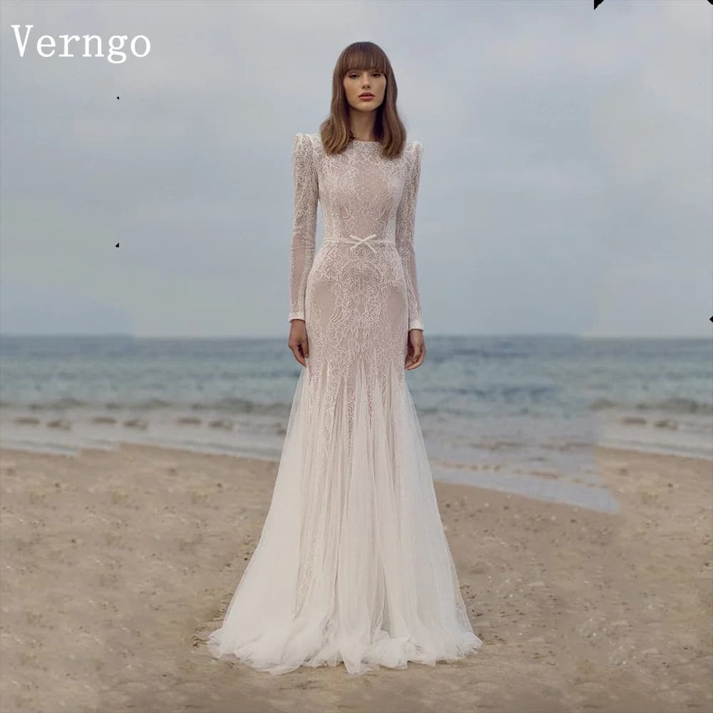Verngo Lace Evening Dresses O Neck Full Sleeves Mermaid Prom Party Dresses Elegant A Line Formal Occasion Dress Customized