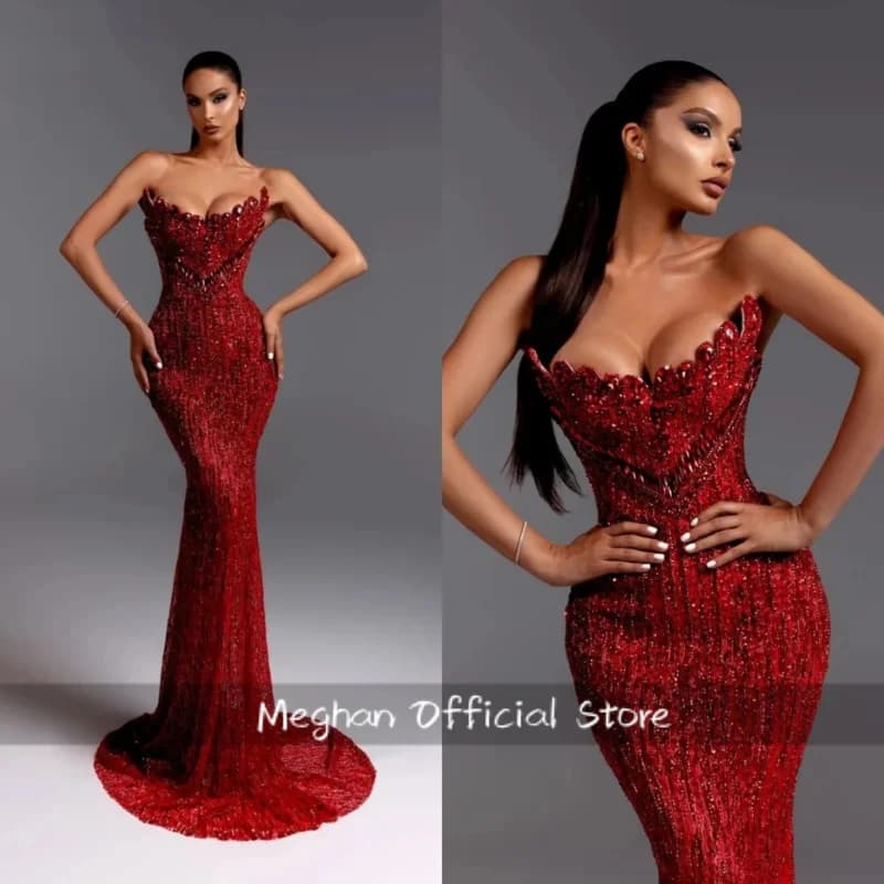 Fashionable Red Beaded Long Evening Dress Elegant Strapless Sleeveless Party Gown Customized Luxury Prom Dresses Customized