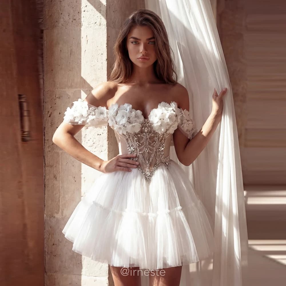 Newest Flowers Mesh A-Line Mini Wedding Dress Off The Shoulder Puffy Tulle Evening Gown With Crystals Floral Prom Party Dresses