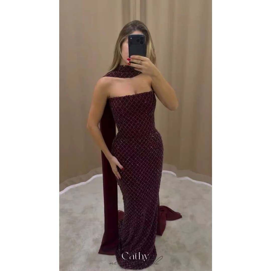 Cathy Customized Burgundy Luxury Beads Prom Dress Mermaid Sleeveless With Scarf vestidos de noche Floor-Length Formal Evening