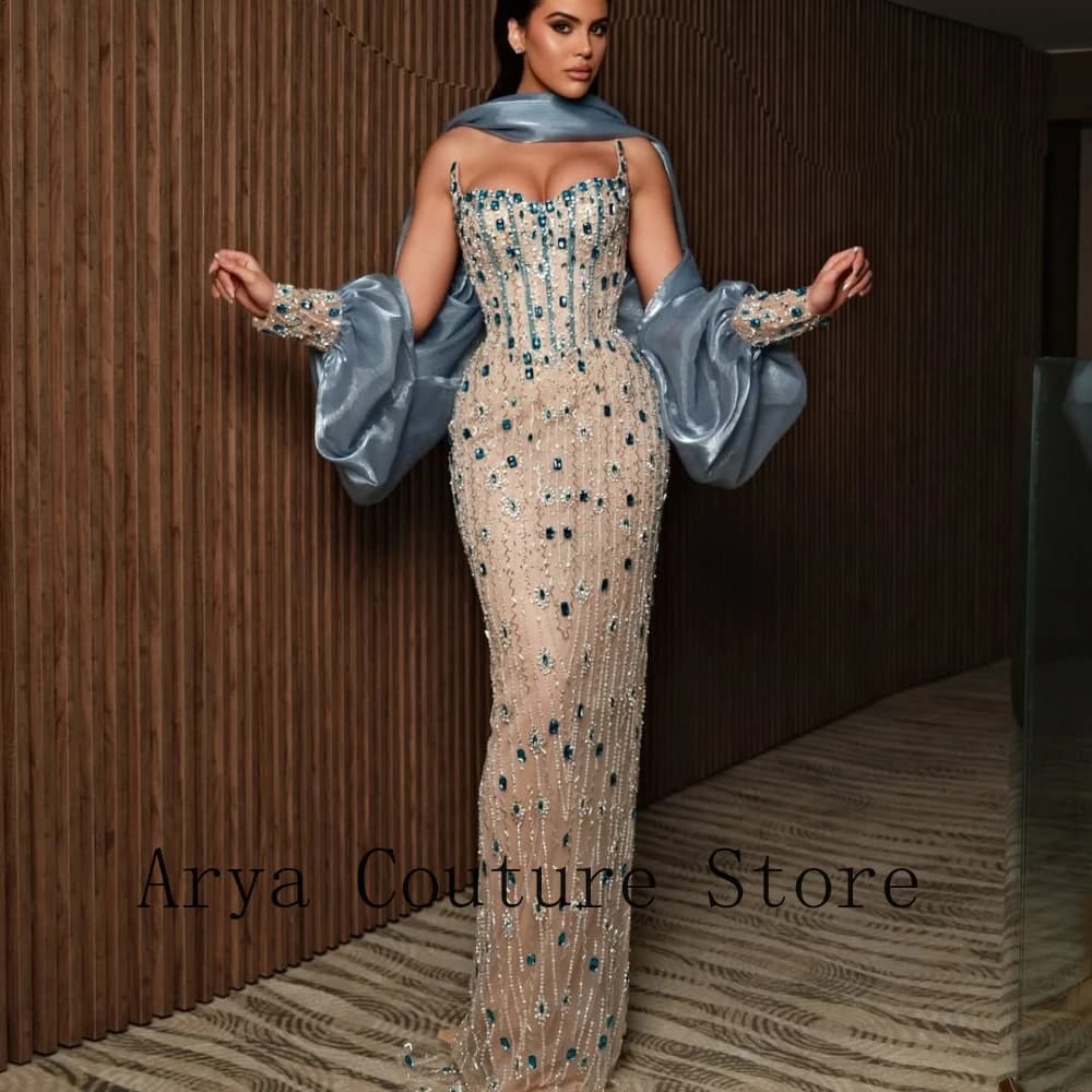 Customized Sapphire Blue Sweetheart Neck Corset Beaded Mermaid Evening Dress With Organza Cape Women Formal Prom Wedding Guest